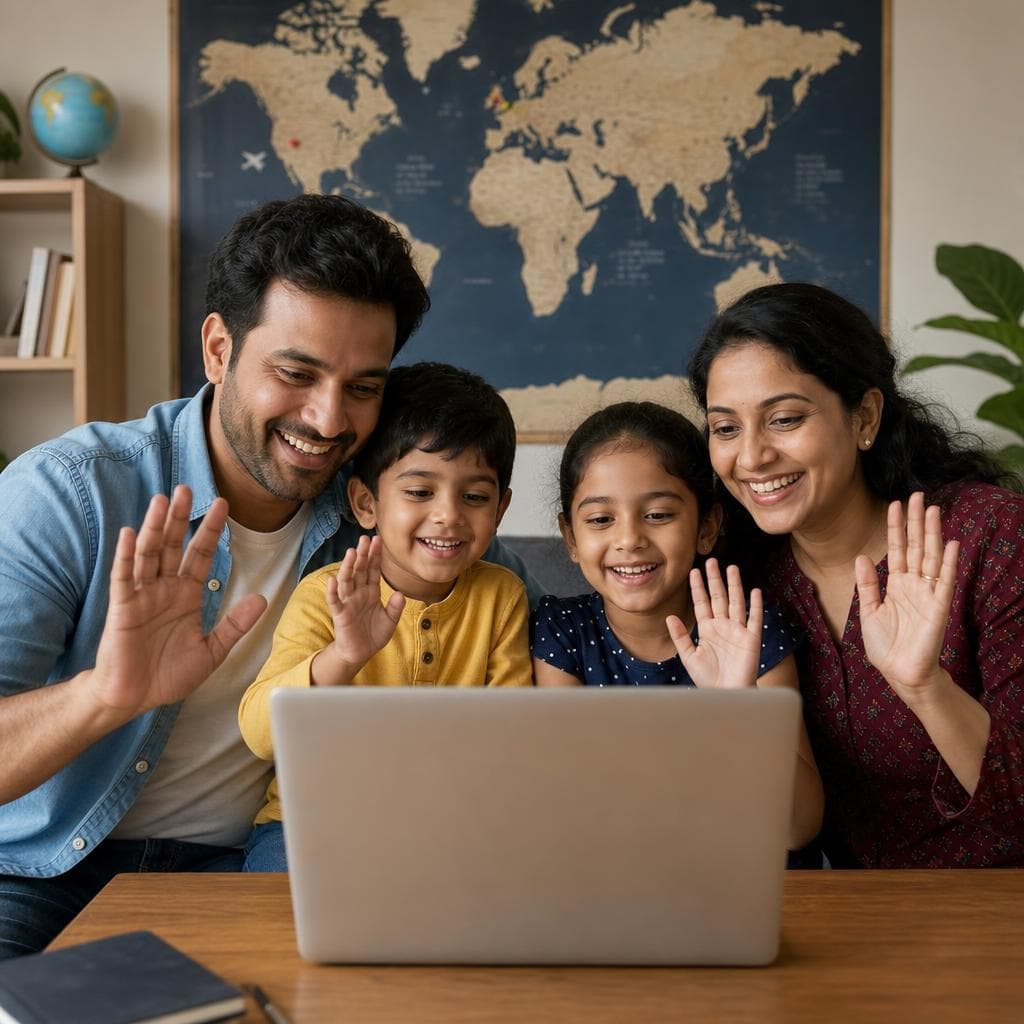 An NRI family on a video call with parents in India