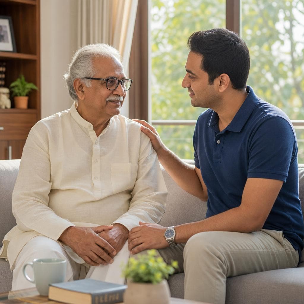 An adult daughter sitting with her elderly father at home