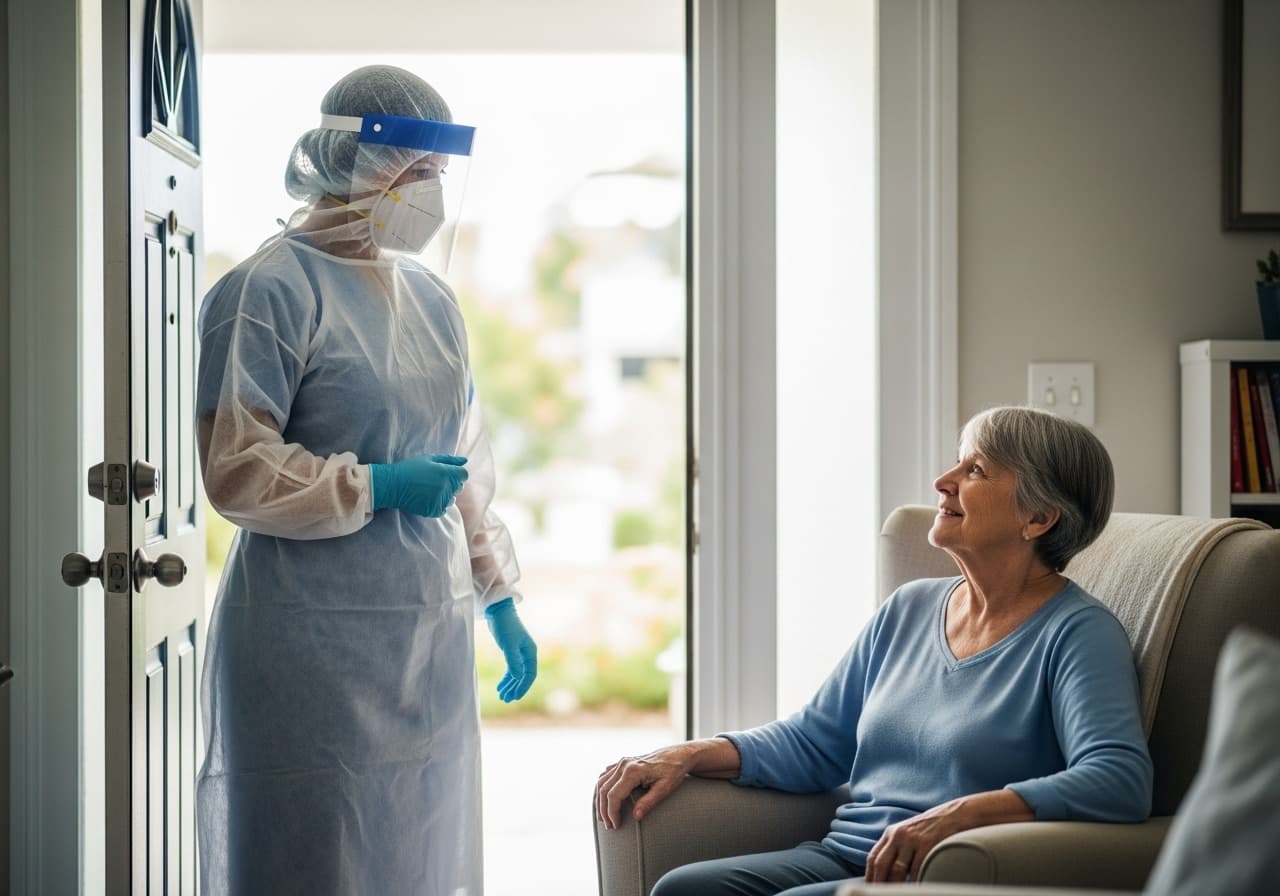 A nurse in full PPE checking a patient's oxygen saturation at home