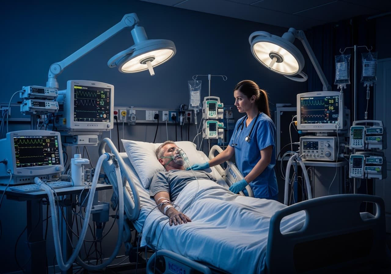 A home ICU setup with monitoring equipment and a nurse in attendance