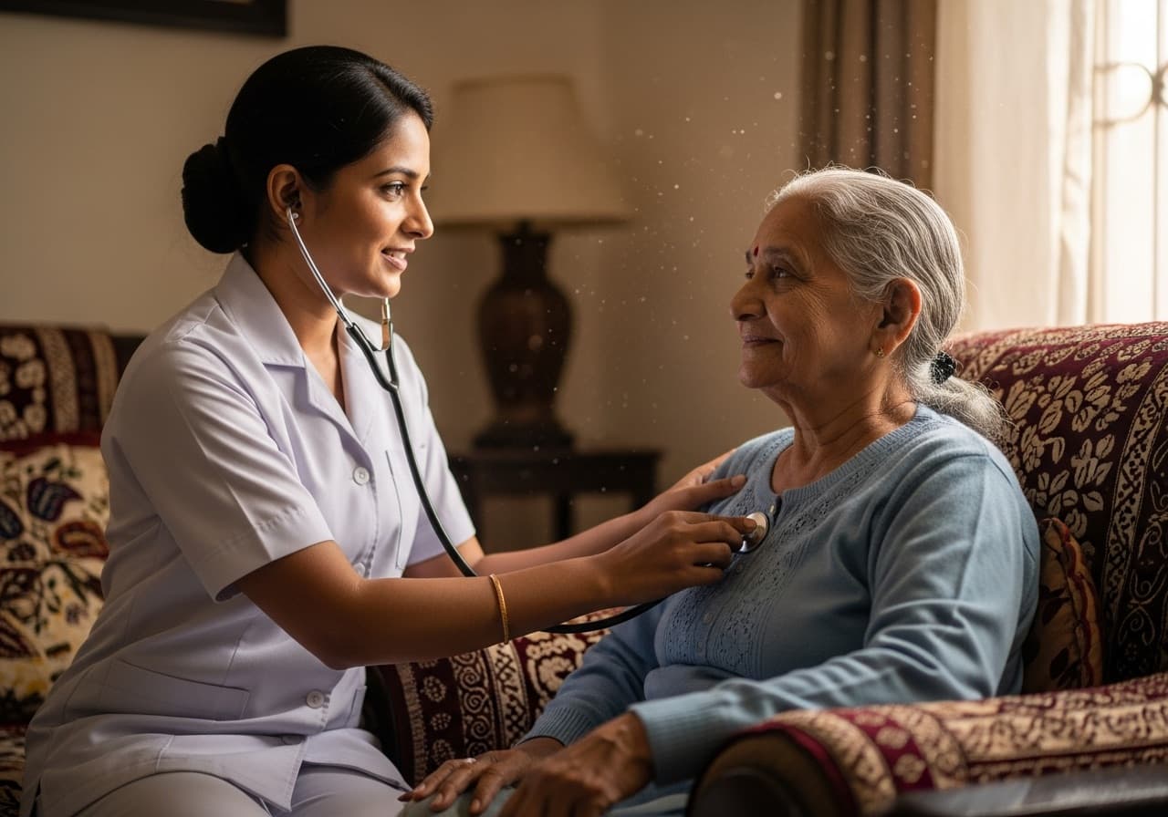 A qualified nurse changing a patient's dressing at home