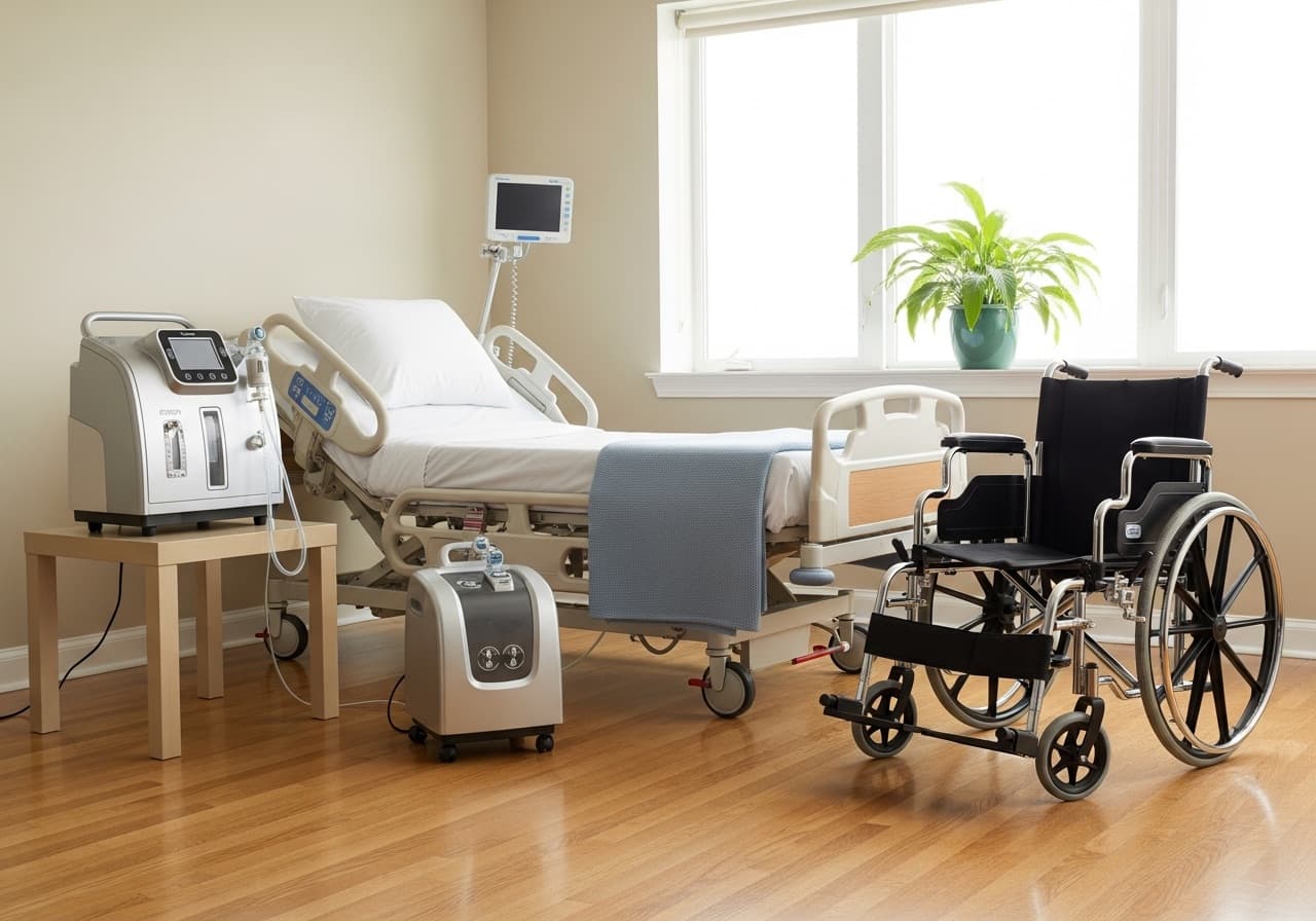 A hospital bed and oxygen concentrator set up in a home bedroom