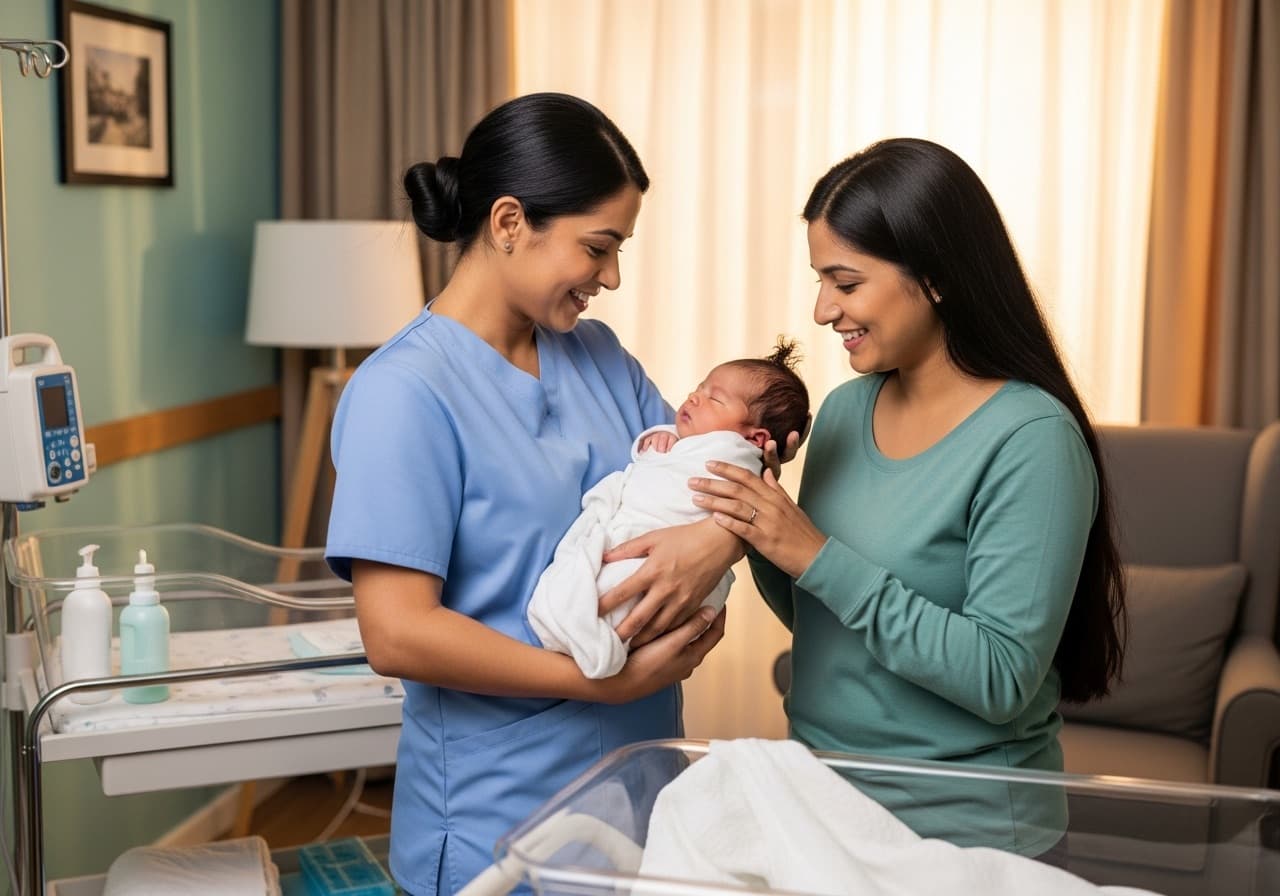 A trained baby nurse caring for a newborn at home