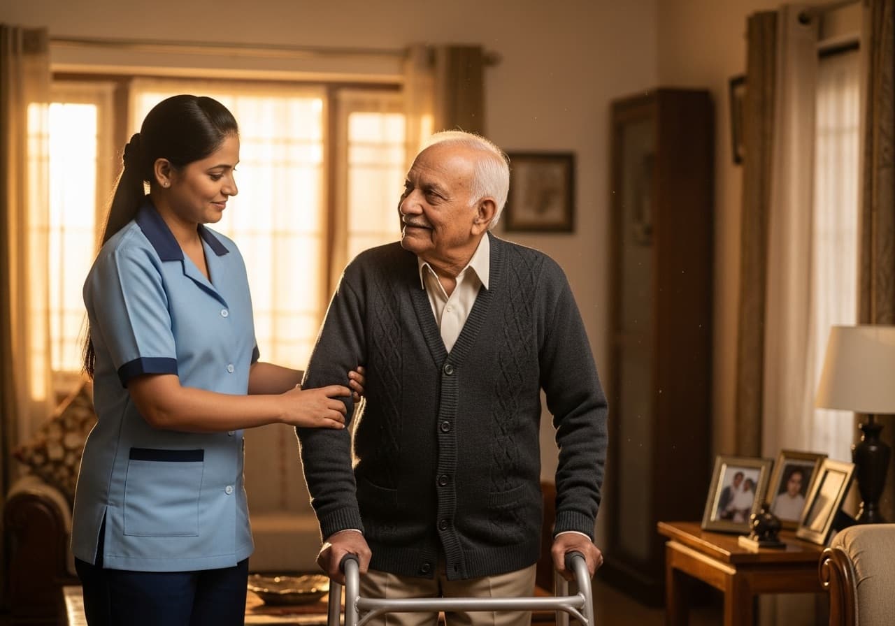 A trained home care attendant supporting a patient with mobility